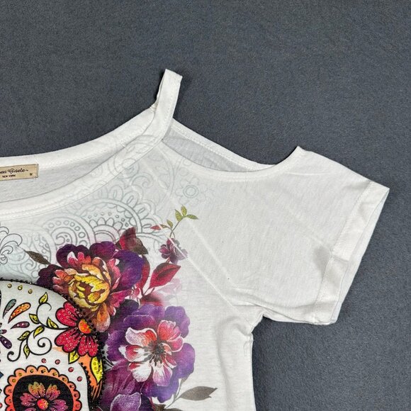 Sweet Gisele Womens Medium Sugar Skull Open Cold Shoulder SS Tee White Florida - Picture 5 of 6